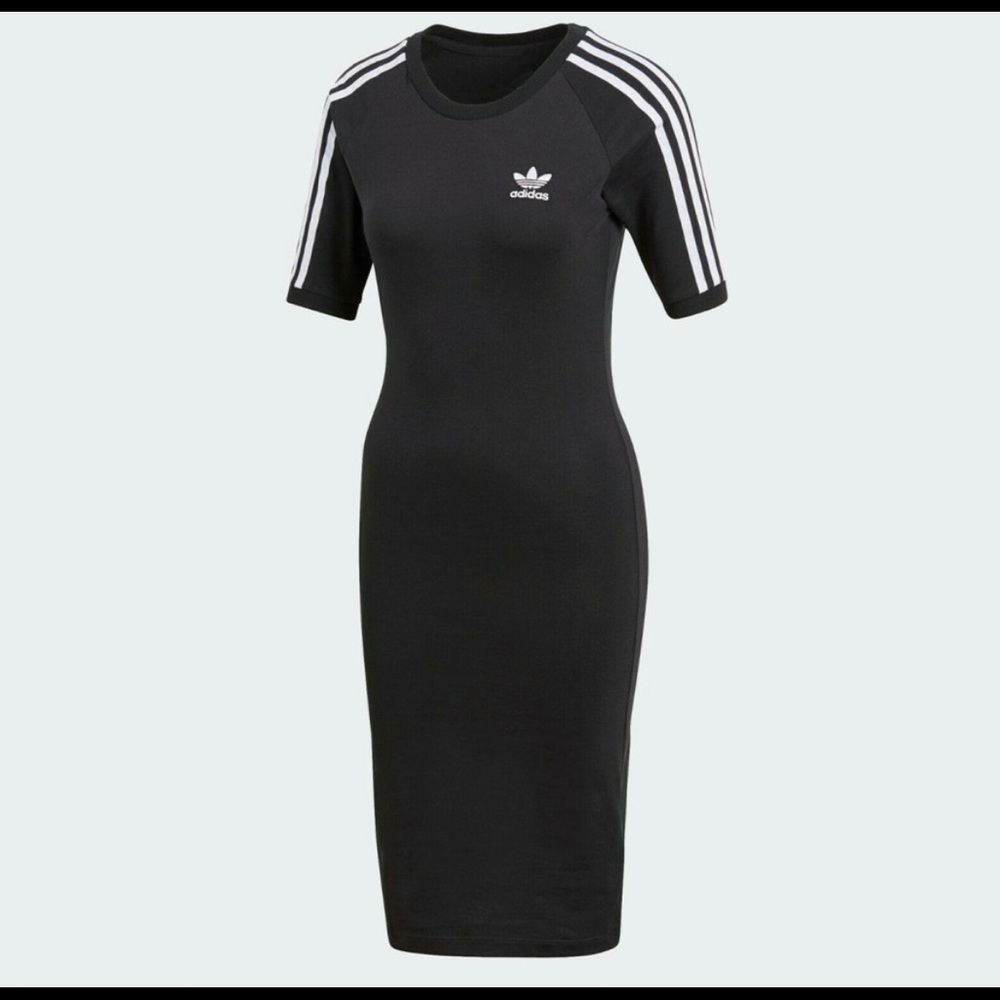 Adidas black & white classic stripe midi bodycon dress.